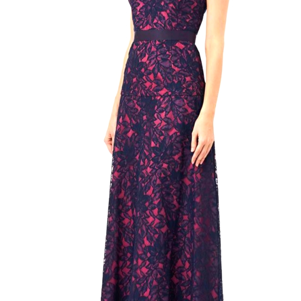 NWT Kay Unger Fit Flare Long Maxi Formal Gown Lace Sleeveless Blue Pink